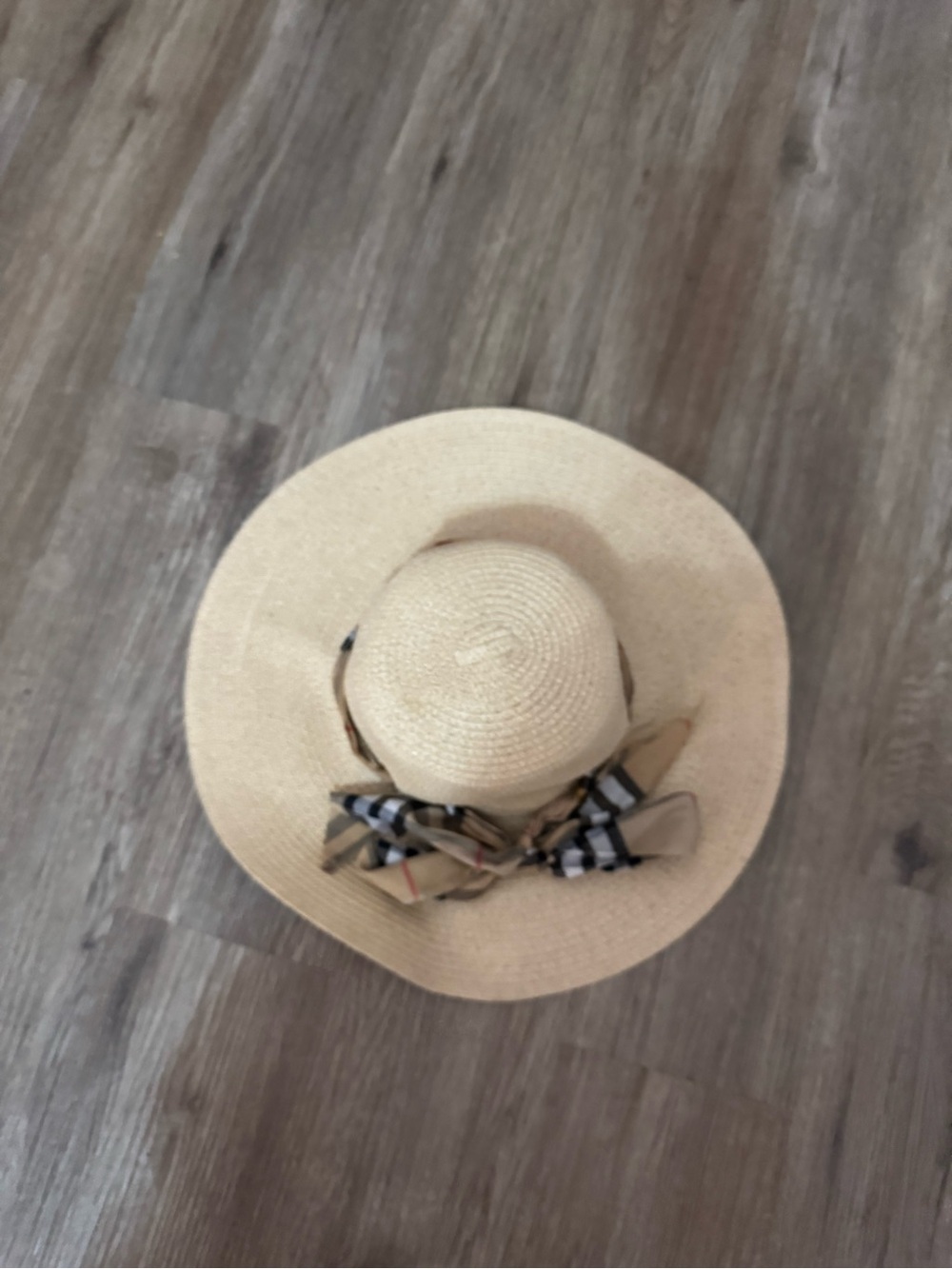 Straw Sun Hat with Plaid Bow - Beige